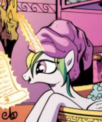 Size: 518x621 | Tagged: safe, idw, official comic, princess celestia, alicorn, pony, g4, spoiler:comic, bath, bathtub, candlelight, canterlot, comic, cute, cutelestia, female, hair, leaning, letter, levitation, magic, mane, mare, open mouth, our damp besnooded matriarch, reading, scroll, smiling, solo, telekinesis, water, wet mane