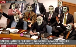 Size: 545x333 | Tagged: safe, anonymous, barely pony related, brony, cracked, guy fawkes mask, mask, news, reddit, something awful, united nations