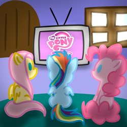 Size: 894x894 | Tagged: safe, artist:maplesunrise, fluttershy, pinkie pie, rainbow dash, g4, logo, my little pony logo, pointy ponies, television