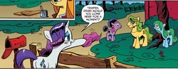 Size: 907x354 | Tagged: safe, artist:andy price, idw, black diamond, pine needle, rarity, tempeh, wheat grass, g4, micro-series #3, my little pony micro-series, spoiler:comic, afro, butt, plot, soul gem