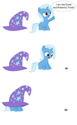 Size: 1251x2025 | Tagged: safe, artist:agrol, trixie, spider, g4, arachnophobia, comic, cute, dialogue, diatrixes, female, filly, filly trixie, frown, hat, hiding, open mouth, scared, simple background, sitting, smirk, white background, wide eyes, younger