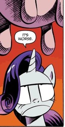 Size: 253x491 | Tagged: safe, artist:andypriceart, idw, official comic, rarity, cow, pony, unicorn, g4, micro-series #3, my little pony micro-series, spoiler:comic, cropped, disappointed, faic, female, mare, out of context, rarity is not amused, udder, unamused