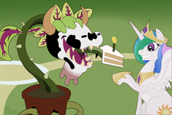 Size: 1125x750 | Tagged: safe, artist:philith, princess celestia, alicorn, pony, g4, cake, cakelestia, carnivorous plant, cowplant, female, food, mare, piranha plant, plant, potted plant, the cake is a lie, the sims, this will end in death, this will end in tears, udder, wat