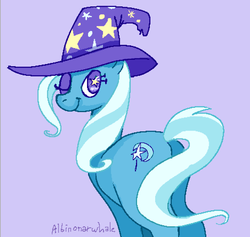 Size: 704x666 | Tagged: safe, artist:albinonarwhale, trixie, g4, 30 minute art challenge, purple background, simple background, smiling, starry eyes, tail censor, wingding eyes, wink