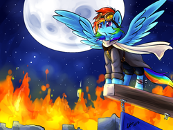 Size: 1024x768 | Tagged: safe, artist:fizzy-dog, rainbow dash, g4, awesome, badass, clothes, epic, female, fire, goggles, injured, moon, night, scarf, solo