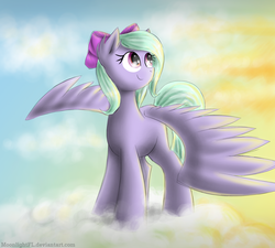 Size: 2000x1800 | Tagged: safe, artist:moonlightfl, flitter, pegasus, pony, g4, bow, cloud, female, full body, hair bow, looking up, mare, on a cloud, sky, smiling, spread wings, standing on a cloud, sunset, wings