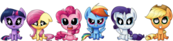 Size: 1024x242 | Tagged: dead source, safe, artist:imp-oster, applejack, fluttershy, pinkie pie, rainbow dash, rarity, twilight sparkle, earth pony, pegasus, pony, unicorn, g4, chibi, cutie mark eyes, female, mane six, mare, simple background, transparent background, unicorn twilight, wingding eyes