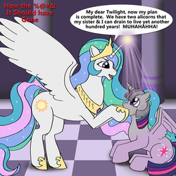 Size: 980x980 | Tagged: safe, artist:cobramcjingleballs, princess celestia, twilight sparkle, alicorn, pony, g4, female, mare, twilight sparkle (alicorn), tyrant celestia