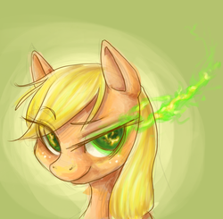 Size: 600x587 | Tagged: safe, artist:thiefofcookies, applejack, changeling, g4, appleling, changelingified, disguise, female, glowing eyes, solo