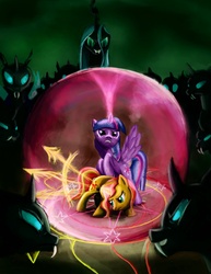 Size: 1275x1650 | Tagged: safe, artist:fox-moonglow, queen chrysalis, sunset shimmer, twilight sparkle, alicorn, changeling, pony, unicorn, g4, fight, force field, harsher in hindsight, hilarious in hindsight, magic, magic circle, twilight sparkle (alicorn)