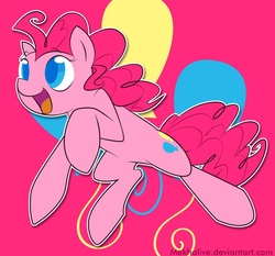 Size: 900x837 | Tagged: safe, artist:mekhalive, pinkie pie, earth pony, pony, g4, colored pupils, cute, cutie mark, diapinkes, female, jumping, mare, open mouth, pink background, simple background, solo