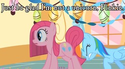 Size: 960x535 | Tagged: safe, edit, edited screencap, screencap, pinkie pie, rainbow dash, earth pony, pony, g4, party of one, caption, confetti, eyes closed, female, folded wings, gritted teeth, image macro, mare, open mouth, party, pinkamena diane pie, pushing, rump push, surprised, wide eyes, wings
