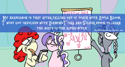 Size: 708x381 | Tagged: safe, artist:brutamod, diamond tiara, silver spoon, twist, earth pony, pony, mylittleheadcanon, g4, alpha bitch, eyes closed, female, floppy ears, trio, trio female