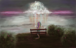 Size: 1800x1145 | Tagged: dead source, safe, artist:netkarma, rainbow dash, g4, bench, cliff, cloudsdale, dark, scenery