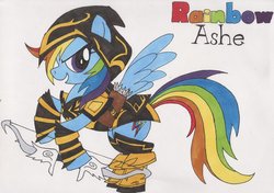 Size: 900x633 | Tagged: safe, artist:xarazel, rainbow dash, g4, archer, arrow, ashe, bow (weapon), bow and arrow, costume, hood, league of legends, weapon