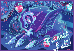 Size: 2000x1394 | Tagged: safe, artist:ipun, nightmare moon, g4, apple, female, heart, heart eyes, rose, solo, wingding eyes