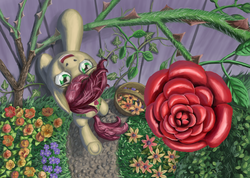 Size: 4000x2850 | Tagged: safe, artist:morevespenegas, roseluck, g4, flower, garden, hanging, rose, thorn