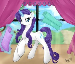 Size: 1600x1364 | Tagged: safe, artist:spidershii, rarity, pony, unicorn, g4, cutie mark, fabric, female, glowing horn, horn, levitation, magic, mare, raised hoof, solo, telekinesis, window