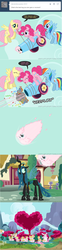 Size: 650x2626 | Tagged: safe, artist:mixermike622, fluttershy, pinkie pie, queen chrysalis, rainbow dash, oc, oc:fluffle puff, changeling, changeling queen, earth pony, pegasus, pony, tumblr:ask fluffle puff, g4, comic, female, mushroom cloud, party cannon, pony cannonball