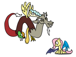 Size: 800x600 | Tagged: artist needed, safe, discord, fluttershy, draconequus, pegasus, pony, g4, body part swap, duo, duo male and female, eyebrows, eyes closed, female, floating, flying, frown, male, mare, mismatched wings, shadow, simple background, sitting, smiling, smirk, spread wings, transparent background, wings