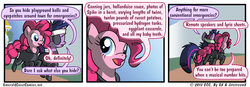 Size: 950x330 | Tagged: safe, artist:gx, pinkie pie, twilight sparkle, earth pony, pony, unicorn, g4, it's about time, 3 panel comic, catsuit, comic, future twilight, horsepower, sneaking suit, unicorn twilight