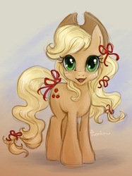Size: 359x480 | Tagged: safe, artist:turonie, applejack, g4, female, looking at you, ribbon, solo