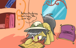 Size: 1024x640 | Tagged: safe, artist:acharmingpony, daring do, pegasus, pony, g4, book, breaking the fourth wall, dialogue, female, fourth wall, golden oaks library, hilarious in hindsight, mare, reading, solo