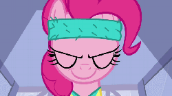 Size: 720x405 | Tagged: safe, screencap, pinkie pie, earth pony, pony, a friend in deed, g4, season 2, animated, faic, female, gif, grin, headband, mare, out of context, solo, workout, workout outfit