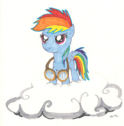 Size: 1582x1608 | Tagged: safe, artist:catscratchpaper, rainbow dash, g4, cloud, filly, goggles, traditional art