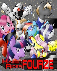 Size: 1689x2110 | Tagged: safe, fluttershy, pinkie pie, rainbow dash, rarity, twilight sparkle, g4, crossover, hero, kamen rider, kamen rider fourze, masked, parody, ponified, space, tumblr