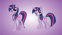 Size: 1280x720 | Tagged: safe, artist:n0m1, twilight sparkle, pony, unicorn, g4, duality, full body, gradient background, older, show accurate, side by side, side view, unicorn twilight