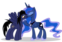 Size: 3000x2000 | Tagged: safe, artist:n0m1, princess luna, oc, oc:linds, alicorn, pegasus, pony, g4, canon x oc, female, kissing, male, mare, stallion