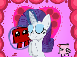 Size: 893x662 | Tagged: safe, artist:daniel-sg, rarity, g4, blood, crossover, crossover shipping, female, jealous, male, straight, super meat boy, wtf