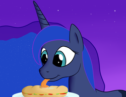 Size: 1556x1200 | Tagged: safe, artist:crusierpl, princess luna, pony, g4, drool, female, licking, night, sandwich, solo, tongue out