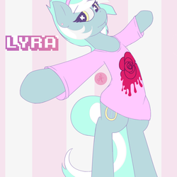 Size: 2000x2000 | Tagged: safe, artist:prismdream, lyra heartstrings, pony, unicorn, g4, abstract background, bipedal, clothes, ear piercing, fashion, female, hairband, pastel goth, piercing, shirt, soft grunge, solo, wingding eyes