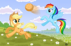 Size: 1000x652 | Tagged: safe, artist:fur-kotka, applejack, rainbow dash, g4, ball