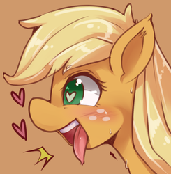 Size: 965x986 | Tagged: safe, artist:hua, applejack, g4, blushing, female, heart, heart eyes, simple background, solo, tongue out, wingding eyes