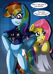 Size: 550x767 | Tagged: safe, artist:xjkenny, fluttershy, rainbow dash, semi-anthro, g4, arm hooves, clothes, necktie, sexy, spitfire's tie, suit, uniform, wonderbolts, wonderbolts dress uniform