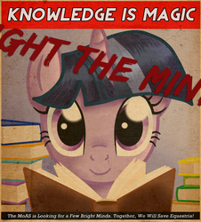Size: 930x1029 | Tagged: safe, artist:0okami-0ni, artist:retro melon, twilight sparkle, pony, unicorn, fallout equestria, g4, book, fallout, fanfic, fanfic art, female, horn, looking at you, mare, ministry mares, ministry of arcane sciences, poster, propaganda, propaganda poster, smiling, solo, text
