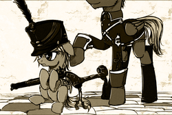 Size: 1037x698 | Tagged: safe, artist:madhotaru, derpy hooves, oc, g4, colt, gun, hat, male, military uniform, shako, younger