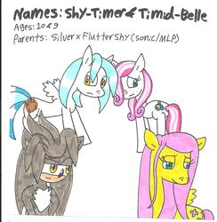 Size: 1216x1248 | Tagged: safe, artist:cmara, fluttershy, oc, oc:shy-timer, oc:timid-belle, hybrid, g4, crossover, crossover shipping, female, interspecies, interspecies offspring, male, offspring, parent:fluttershy, parent:silver the hedgehog, parents:silvershy, shipping, silver the hedgehog, silvershy, sonic the hedgehog, sonic the hedgehog (series), straight, traditional art