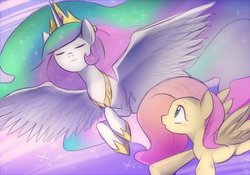 Size: 800x560 | Tagged: safe, artist:keterok, fluttershy, princess celestia, g4, duo, flying, long mane, looking at someone, spread wings, wings