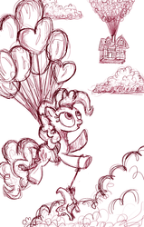 Size: 992x1558 | Tagged: safe, artist:lancer, gummy, pinkie pie, g4, balloon, cloud, cloudy, then watch her balloons lift her up to the sky, up