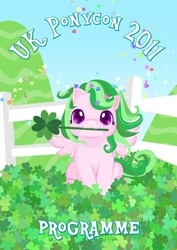 Size: 452x639 | Tagged: safe, artist:tinrobo, oc, oc only, pegasus, pony, uk ponycon, uk ponycon 2011, clover, female, fence, four leaf clover, lucy, mare, mouth hold, poster, solo