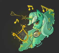 Size: 1577x1434 | Tagged: safe, artist:gaiascope, lyra heartstrings, g4, female, headphones, heart, lyre, magic, music, music notes, musical instrument, solo, wallpaper