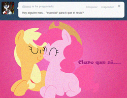 Size: 500x387 | Tagged: safe, applejack, pinkie pie, g4, female, lesbian, pinkierespuestas, ship:applepie, shipping, spanish