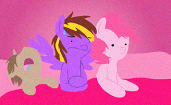 Size: 604x369 | Tagged: safe, pinkie pie, oc, earth pony, pegasus, pony, unicorn, g4, bed, drool, female, mare, pinkierespuestas