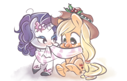 Size: 500x317 | Tagged: safe, artist:th351, applejack, rarity, g4, clothes, female, holly, lesbian, scarf, shared clothing, shared scarf, ship:rarijack, shipping, simple background, white background