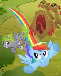 Size: 800x1000 | Tagged: safe, artist:madmax, rainbow dash, oc, hydra, fanfic:this platinum crown, g4, fanfic art, flying, monster, multiple heads
