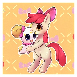 Size: 1000x1000 | Tagged: safe, artist:ayahana, apple bloom, earth pony, pony, g4, bipedal, candy (pretty cure), crossover, cute, female, filly, foal, hug, ikue otani, open mouth, ribbon, smile precure, smiling, voice actor joke